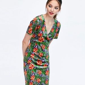 Zara Velvet Green Floral Midi Holiday Dress EUC
